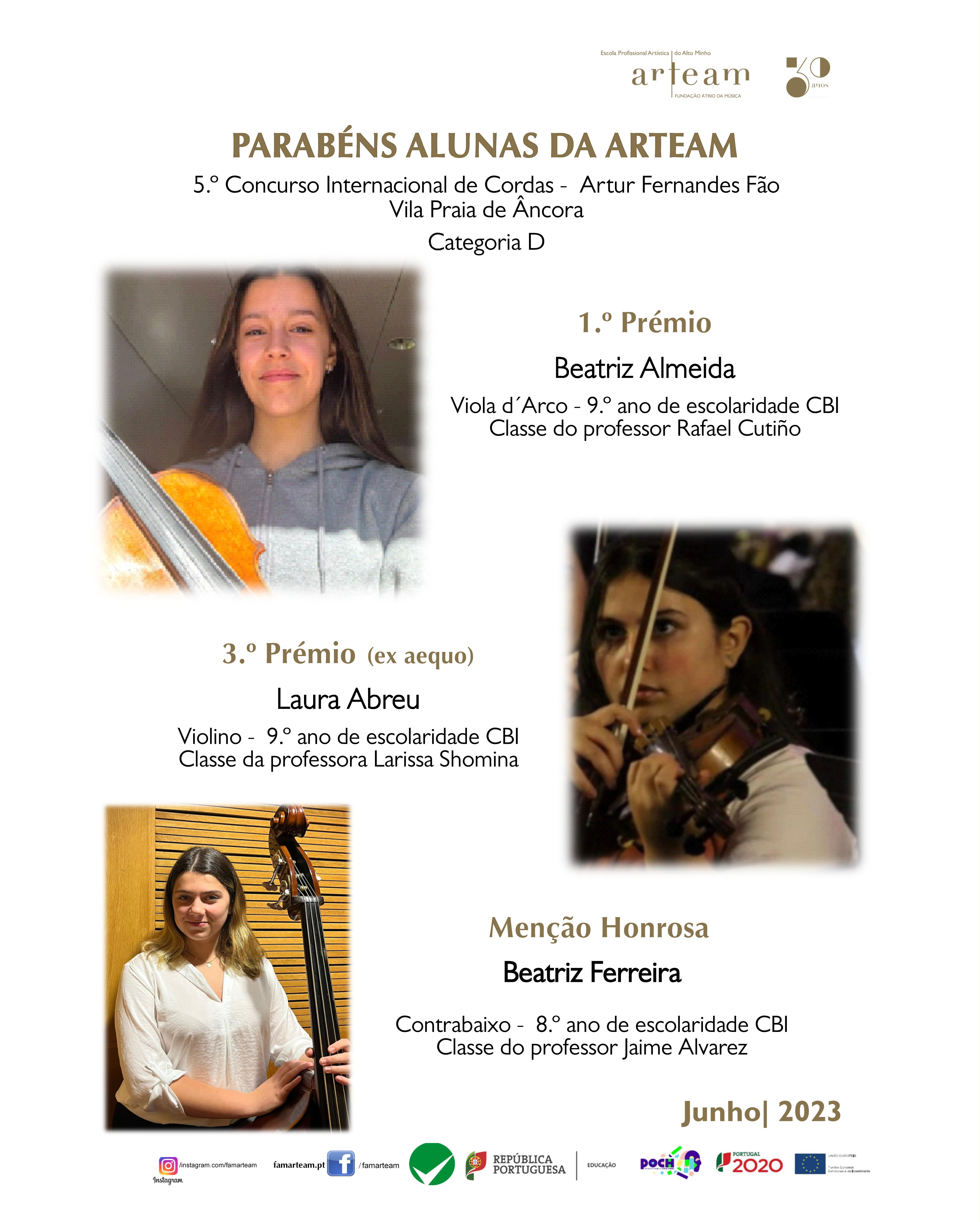 Alunas ARTEAM premiadas em Concurso Internacional em Vila Praia de Âncora 2023